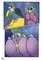 Size: 3080x4384 | Tagged: safe, artist:introvertedpooch, gabby, spike, dragon, griffon, g4, between toes, bigger than a planet, claws, comic, cute, earth, feet, female, fetish, foot fetish, foot focus, gabbybetes, gentle, gentle giant, giantess, giga, giga giant, high res, macro, macro/micro, mega, paw pads, paws, planet, size comparison, solar system, space, stars, story included, sun, tera, the cosmos, toe beans, toes, underpaw