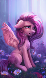 Size: 1484x2482 | Tagged: safe, artist:bananitryi, fluttershy, pegasus, pony, g4, crying, daisy (flower), eyelashes, feathered wings, female, floppy ears, flower, forest, furrowed brow, grass, long mane, mare, nostrils, open mouth, pegasus wings, rain, sitting, snout, solo, spread wings, wings