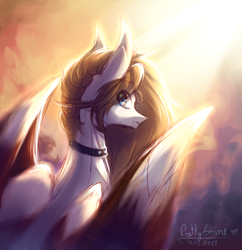 Size: 2408x2490 | Tagged: safe, artist:prettyshinegp, oc, oc only, pegasus, pony, bust, choker, collar, female, high res, large wings, looking back, mare, pegasus oc, requested art, signature, solo, sunlight, wings