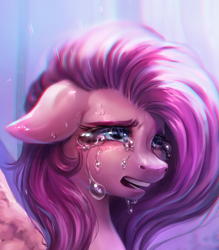 Size: 1795x2053 | Tagged: safe, alternate version, artist:bananitryi, fluttershy, pegasus, pony, g4, blue eyes, close-up, crying, eyebrows, eyelashes, female, floppy ears, furrowed brow, long mane, mare, nostrils, open mouth, snout, solo, teary eyes