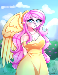 Size: 2975x3850 | Tagged: safe, artist:mylittleyuri, fluttershy, human, g4, blushing, breasts, bush, busty fluttershy, clothes, cloud, crepuscular rays, dress, elf ears, female, flower, grass, high res, humanized, pale skin, sky, solo, summer dress, sundress, winged humanization, wings