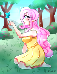 Size: 2975x3850 | Tagged: safe, artist:mylittleyuri, fluttershy, butterfly, human, g4, barefoot, blushing, breasts, bush, busty fluttershy, clothes, cloud, cute, dress, elf ears, feet, female, flower, grass, high res, humanized, kneeling, pale skin, shyabetes, sky, solo, tree, winged humanization, wings
