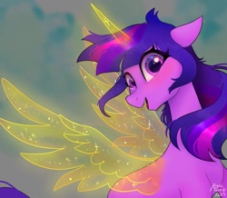 Size: 1511x1316 | Tagged: safe, artist:petaltwinkle, twilight sparkle, alicorn, earth pony, pony, g5, artificial horn, artificial wings, augmented, earth pony twilight, female, g5 concept leaks, horn, looking at you, magic, magic horn, magic wings, mare, open mouth, open smile, race swap, smiling, smiling at you, solo, spread wings, twilight sparkle (alicorn), twilight sparkle (g5 concept leak), wings