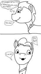 Size: 640x1136 | Tagged: safe, artist:php149, hitch trailblazer, earth pony, pony, comic:the costume of pipp petals, g5, dialogue, monochrome