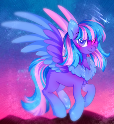 Size: 2250x2450 | Tagged: safe, artist:stesha, oc, oc only, oc:liana, pegasus, pony, chest fluff, colored wings, cute, ear fluff, female, flying, full body, heterochromia, high res, looking at you, mare, mountain, mountain range, multicolored mane, multicolored tail, multicolored wings, pegasus oc, shooting star, sky background, smiling, smiling at you, solo, stars, tail, trade, wings