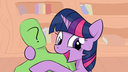 Size: 1920x1080 | Tagged: safe, artist:purblehoers, twilight sparkle, oc, oc:anon, pony, unicorn, g4, book, bookshelf, female, golden oaks library, hug, interior, life size, looking at you, mare, plushie, smiling, smiling at you, unicorn twilight