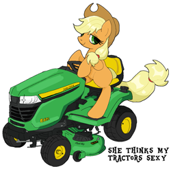 Size: 1015x1000 | Tagged: safe, artist:muffinz, applejack, earth pony, pony, g4, john deere, kenny chesney, lyrics, meme, riding, she thinks my tractor's sexy, simple background, solo, song reference, text, tractor, white background