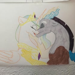 Size: 1080x1080 | Tagged: safe, artist:gloria.l_artist, discord, princess celestia, alicorn, draconequus, pony, g4, crown, duo, duo male and female, eyebrows, eyes closed, female, folded wings, interspecies, jewelry, male, mare, marker drawing, one wing out, open mouth, open smile, peytral, regalia, ship:dislestia, shipping, smiling, straight, traditional art, wings
