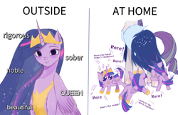 Size: 2580x1658 | Tagged: safe, artist:ecor土土, rarity, twilight sparkle, alicorn, pony, unicorn, g4, the last problem, chest fluff, clothes, crown, duality, duo, duo female, ear fluff, eye clipping through hair, eyebrows, eyebrows visible through hair, female, folded wings, frown, high res, jewelry, lesbian, looking at you, older, older rarity, older twilight, older twilight sparkle (alicorn), open mouth, open smile, peytral, princess twilight 2.0, regalia, ship:rarilight, shipping, simple background, smiling, tiny, tiny ponies, twilight sparkle (alicorn), white background, wings