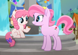 Size: 393x279 | Tagged: safe, screencap, tulip bulb, tulip rose, earth pony, pony, g4, my little pony: rainbow roadtrip, bow, coin, cropped, duo, female, filly, foal, fountain, grin, hope hollow, house, mare, mother and child, mother and daughter, outdoors, raised hoof, sitting, smiling, tail, tail bow, water