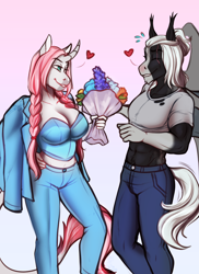 Size: 2430x3330 | Tagged: safe, artist:blackblood-queen, oc, oc only, oc:rosie quartz, oc:victor bates, bat pony, unicorn, anthro, unguligrade anthro, abs, anthro oc, bat pony oc, big breasts, bouquet of flowers, breasts, busty oc, clothes, couple, curved horn, eye scar, eyes closed, facial scar, fangs, female, flower, gradient background, heart, high res, horn, male, mare, oc x oc, pants, scar, shipping, stallion, straight, unicorn oc, vicsie
