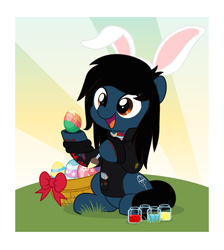 Size: 4477x5000 | Tagged: safe, artist:jhayarr23, earth pony, pony, bring me the horizon, bunny ears, clothes, commission, easter, easter egg, egg, equestria girls ponified, happy, holiday, hoodie, hoof hold, lip piercing, long sleeves, male, oliver sykes, outdoors, paintbrush, piercing, ponified, sitting, solo, stallion, tattoo, underhoof, ych result