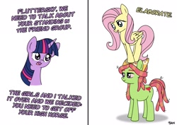 Size: 2381x1689 | Tagged: safe, artist:banquo0, fluttershy, tree hugger, twilight sparkle, earth pony, pegasus, pony, unicorn, g4, 2 panel comic, adorkable, bloodshot eyes, comic, cute, dialogue, dork, dreadlocks, female, high, lidded eyes, mare, open mouth, pun, shyabetes, simple background, smiling, stack, stoned, text, trio, unicorn twilight, visual pun, white background