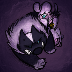 Size: 2800x2800 | Tagged: safe, artist:leafytaffy, pom (tfh), dog, lamb, sheep, them's fightin' herds, angry, community related, duo, female, high res, purple background, scared, simple background