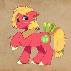 Size: 680x680 | Tagged: safe, artist:haruh_ink, big macintosh, earth pony, pony, g4, bow, cute, eyeshadow, female, flower, flower in hair, freckles, green eyes, macabetes, makeup, mare, simple background, solo, tail, tail bow, trans big macintosh, trans female, transgender, unshorn fetlocks