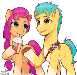 Size: 2000x1940 | Tagged: safe, artist:xiaowu07, hitch trailblazer, sunny starscout, earth pony, pony, g5, braid, duo, duo male and female, female, male, mare, ponytail, sheriff's badge, signature, simple background, smoothie, stallion, white background