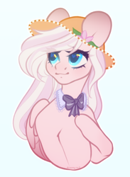 Size: 2814x3852 | Tagged: safe, artist:dreamyrat, oc, oc only, pegasus, pony, blue eyes, bow, choker, female, hat, high res, looking up, mare, pegasus oc, pink mane, simple background, smiling, solo, two toned mane, white mane, wings