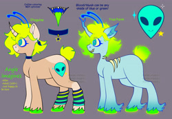 Size: 5128x3545 | Tagged: safe, artist:angie imagines, oc, oc only, oc:angie imagines, alien, alien pony, pony, unicorn, antennae, choker, clothes, curved horn, ear piercing, earring, glowing mane, gray background, green tongue, heart, heart eyes, horn, jewelry, mane of fire, markings, maw, nonbinary, piercing, sharp teeth, simple background, socks, solo, stars, teal eyes, teeth, unshorn fetlocks, wingding eyes