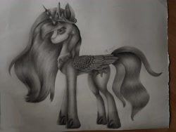Size: 4480x3360 | Tagged: safe, artist:henry forewen, princess celestia, alicorn, pony, g4, concave belly, crown, female, fluffy, folded wings, hoof shoes, jewelry, long legs, long mane, mare, monochrome, peytral, photo, princess shoes, regalia, sketch, solo, tall, traditional art, wings