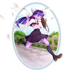 Size: 3436x3570 | Tagged: safe, artist:schizophrenicfox, twilight sparkle, anthro, plantigrade anthro, g4, bag, bread, button-up shirt, clothes, dress shirt, female, food, high res, messenger bag, necktie, running, school uniform, schoolgirl toast, shirt, shoes, simple background, skirt, solo, white background