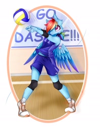 Size: 2014x2550 | Tagged: safe, artist:schizophrenicfox, rainbow dash, anthro, g4, cheek fluff, clothes, female, gymnasium, high res, jersey, knee pads, shoes, solo, sports, sports outfit, volleyball