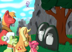 Size: 1250x900 | Tagged: safe, artist:lukasz, apple bloom, applejack, big macintosh, granny smith, earth pony, pony, g4, brother and sister, cowboy hat, crying, female, filly, foal, grandchild, granddaughter, grandmother, grandmother and grandchild, grandmother and granddaughter, grandmother and grandson, grandson, grave, gravestone, grayscale, hat, male, mare, monochrome, rest in peace, ribbon, siblings, sisters, stallion, tears of pain, teary eyes, tree