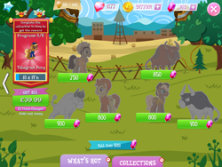 Size: 2048x1536 | Tagged: safe, gameloft, idw, angus mcsteer, blazing saddle, buffalo bull, jersey shore, lasso looper, sheriff tumbleweed, swift reply, bull, earth pony, pegasus, pony, g4, my little pony: magic princess, bandana, clothes, coin, collection, costs real money, cowboy hat, english, female, folded wings, gem, group, hat, horns, idw showified, male, mare, mobile game, numbers, stallion, text, timer, vest, wings