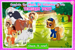 Size: 1960x1300 | Tagged: safe, gameloft, idw, angus mcsteer, blazing saddle, buffalo bull, jersey shore, sheriff tumbleweed, swift reply, bull, earth pony, pegasus, pony, g4, my little pony: magic princess, advertisement, background pony, bandana, clothes, coat markings, collection, cowboy hat, english, facial markings, female, folded wings, group, hat, horns, idw showified, male, mare, mobile game, stallion, star (coat marking), text, vest, wings