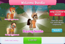 Size: 1268x858 | Tagged: safe, gameloft, idw, blazing saddle, lasso looper, sheriff tumbleweed, earth pony, pony, g4, my little pony: magic princess, bundle, clothes, collection, costs real money, cowboy hat, english, group, hat, idw showified, male, mobile game, numbers, stallion, text, vest