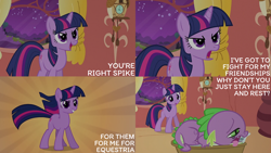 Size: 2000x1125 | Tagged: safe, edit, edited screencap, editor:quoterific, screencap, spike, twilight sparkle, dragon, pony, unicorn, g4, the return of harmony, golden oaks library, sick, tongue out, unicorn twilight