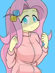 Size: 1668x2224 | Tagged: safe, alternate version, artist:batipin, fluttershy, human, equestria girls, g4, blue background, bocchi the rock!, breasts, busty fluttershy, clothes, cosplay, costume, female, flutterbocchi, hitori gotoh, no pupils, simple background, solo, tracksuit