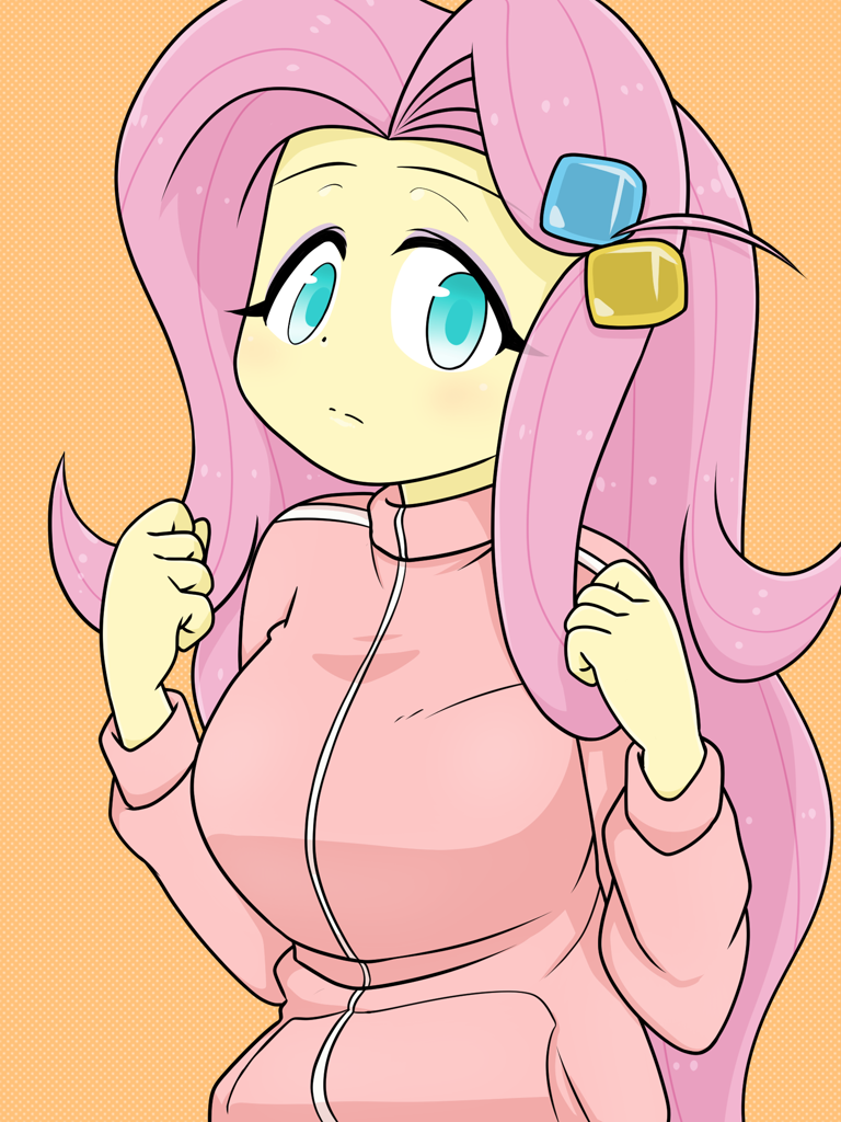 [alternate version,breasts,clothes,cosplay,costume,equestria girls,female,fluttershy,safe,simple background,solo,tracksuit,orange background,busty fluttershy,artist:batipin,bocchi the rock!,hitori gotoh]