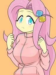 Size: 1668x2224 | Tagged: safe, alternate version, artist:batipin, fluttershy, human, equestria girls, g4, bocchi the rock!, breasts, busty fluttershy, clothes, cosplay, costume, female, flutterbocchi, hitori gotoh, orange background, simple background, solo, tracksuit