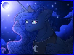 Size: 1280x960 | Tagged: safe, artist:binibean, princess luna, alicorn, pony, g4, eye reflection, female, full moon, looking at you, mare, moon, multicolored eyes, night, reflection, smiling, smiling at you, solo