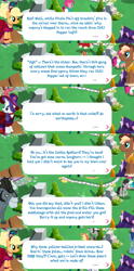 Size: 2048x4140 | Tagged: safe, gameloft, idw, applejack, king longhorn, rarity, sheriff tumbleweed, bull, earth pony, pony, unicorn, g4, my little pony: magic princess, clothes, cloven hooves, cowboy hat, dialogue, dialogue box, dress, english, event, feather, female, hairband, hat, horn, horns, idw showified, male, mare, mobile game, speech bubble, stallion, text, unshorn fetlocks, vest
