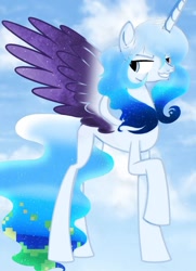 Size: 956x1320 | Tagged: artist needed, source needed, safe, oc, oc only, oc:altersmay earth, alicorn, pony, alicornified, cloud, colored wings, commission, concave belly, ethereal mane, ethereal tail, evil smile, grin, horn, long horn, long legs, long tail, looking back, older altersmay earth, planet ponies, ponified, race swap, raised hoof, sky, slender, smiling, solo, tail, tall, thin, wings, ych result