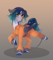 Size: 5311x6000 | Tagged: safe, artist:yutailaarts, oc, oc:nova borealis, bat pony, bat pony oc, bound wings, chained, chains, clothes, commissioner:rainbowdash69, cuffed, jumpsuit, never doubt rainbowdash69's involvement, pouting, prison outfit, prisoner, shackles, solo, wings