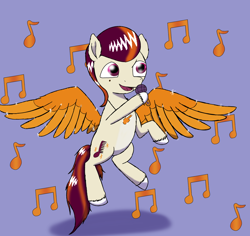 Size: 1800x1700 | Tagged: safe, artist:php176, derpibooru exclusive, rocky riff, pegasus, pony, g5, art style test, colored wings, flying, jewelry, looking at something, male, microphone, music notes, necklace, open mouth, periwinkle background, raised hoof, shading, solo, sparkles, spread wings, stallion, unshorn fetlocks, wings