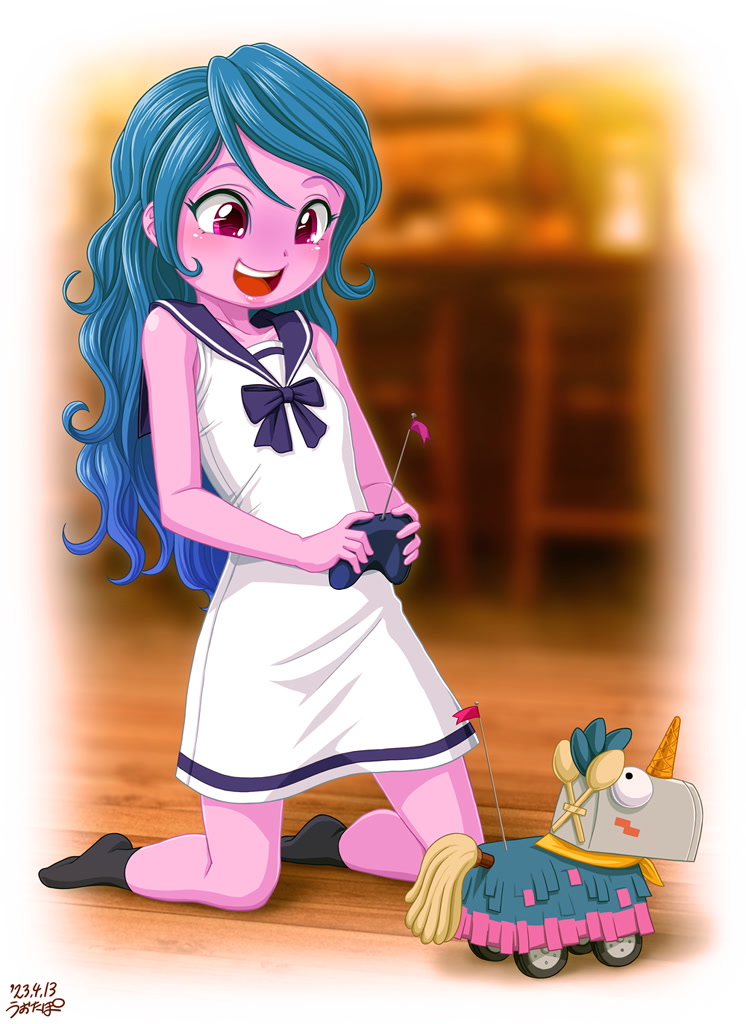 [blushing,bowtie,clothes,cute,dress,equestria girls,g5,generation leap,kneeling,remote control,safe,sailor uniform,socks,solo,toy,uniform,younger,equestria girls-ified,artist:uotapo,missing shoes,stocking feet,izzybetes,izzy moonbow,g5 to equestria girls,señor butterscotch]