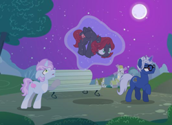 Size: 2200x1600 | Tagged: safe, oc, oc only, oc:cornflower, oc:distortion, oc:moonlight, pegasus, pony, unicorn, base used, bench, colt, female, glasses, male, mare, moon, night, windmill