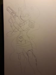 Size: 2448x3264 | Tagged: safe, artist:fuuby, princess luna, anthro, plantigrade anthro, g4, boots, clothes, epaulettes, female, gun, handgun, high res, military uniform, shoes, sketch, solo, traditional art, uniform, weapon