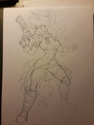 Size: 2448x3264 | Tagged: safe, artist:fuuby, princess luna, anthro, plantigrade anthro, g4, boots, clothes, coat, epaulettes, gloves, gun, handgun, high res, military uniform, no trigger discipline, revolver, shoes, sketch, solo, traditional art, uniform