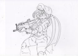 Size: 3510x2550 | Tagged: safe, artist:fuuby, oc, oc only, oc:specter ace, bat pony, anthro, armor, beret, clothes, combat armor, fangs, female, fingerless gloves, fn scar, gloves, hat, high res, knee pads, military, military uniform, night guard, sketch, solo, traditional art, uniform, wings