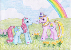 Size: 1062x752 | Tagged: safe, artist:normaleeinsane, gardenia glow (g3), magic marigold, pony, g3, duo, flower, hat, magic wand, marigold, rainbow, top hat, traditional art