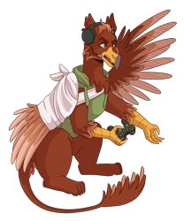 Size: 3500x4200 | Tagged: safe, artist:monnarcha, oc, oc only, oc:pavlos, griffon, angry, bandage, broken bone, broken wing, chest fluff, clothes, colored wings, controller, gaming, griffon oc, headphones, hoodie, male, one wing out, simple background, solo, transparent background, wings