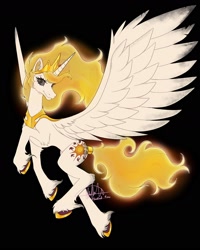 Size: 1440x1800 | Tagged: safe, artist:shackle_moon, princess celestia, alicorn, pony, g4, black background, concave belly, large wings, mane of fire, redesign, simple background, slender, solo, tall, thin, unshorn fetlocks, wings