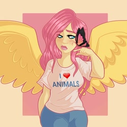 Size: 2000x2000 | Tagged: safe, artist:starsbursts, fluttershy, butterfly, human, g4, blushing, clothes, cute, denim, female, high res, humanized, jeans, lipstick, makeup, pants, shirt, shyabetes, solo, t-shirt, winged humanization, wings
