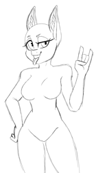 Size: 1116x1992 | Tagged: safe, artist:melodytheartpony, oc, anthro, anthro oc, any species, closed hand, commission, devil horn (gesture), hand on hip, looking at you, mischievous, pose, posing for photo, simple background, sketch, smiling, solo, tongue out, white background, ych sketch, your character here