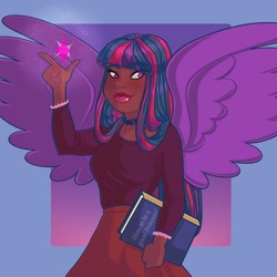 Size: 2000x2000 | Tagged: safe, artist:starsbursts, twilight sparkle, human, g4, book, choker, clothes, cute, dark skin, female, high res, humanized, magic, shirt, skirt, solo, twiabetes, winged humanization, wings