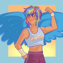 Size: 2000x2000 | Tagged: safe, artist:starsbursts, rainbow dash, human, g4, abs, alternate hairstyle, bandage, clothes, cute, dashabetes, female, flexing, high res, humanized, midriff, muscles, pants, solo, sweatpants, tank top, tape, winged humanization, wings, wrist wraps